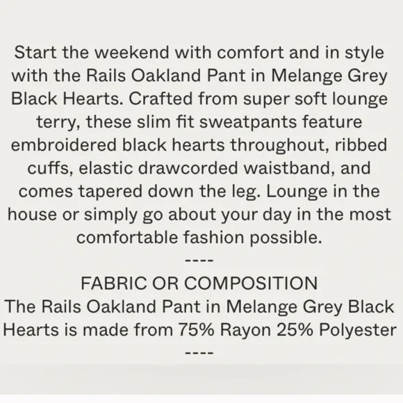 Rails Oakland Sweatpant Melange Grey Black Hearts Jogger Large - Picture 10 of 12